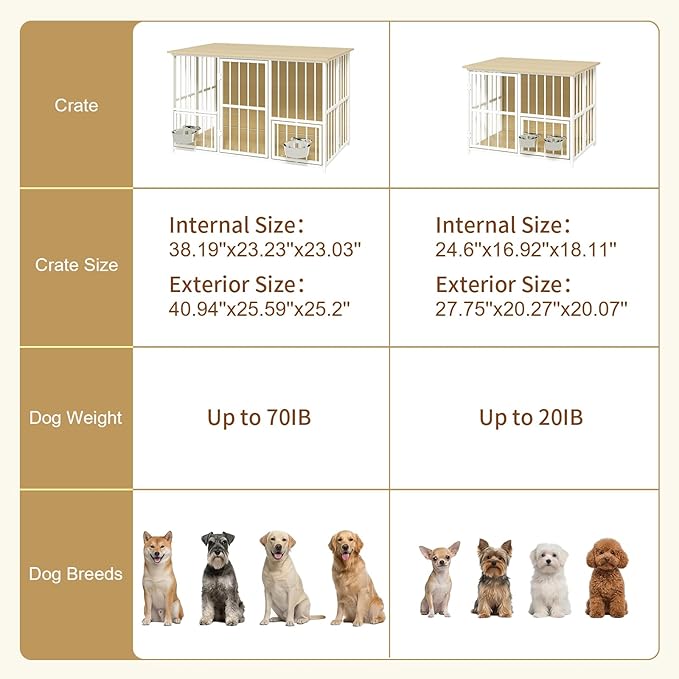Hadulcet Foldable Dog Crate Furniture, 41'' No Assembly Indoor Dog Kennel with Storage Top, Wooden Dog Crate Table for Small to Medium Dogs, Furniture Style Dog Cage with 2 Bowls Oak