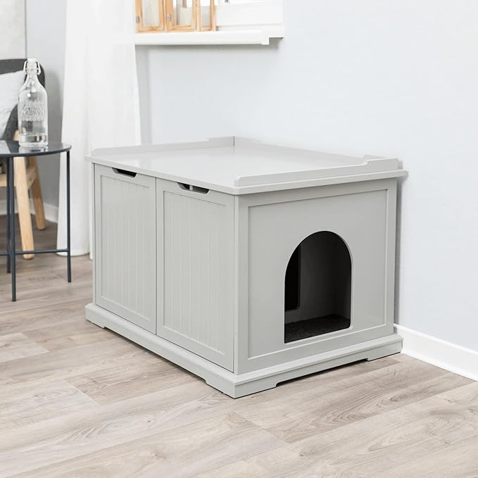 Trixie XL Furniture Litter Box Enclosure (Gray), Hidden Litter Box for Cats with Openings on Either Ends & Large Ventilations Slots, Double Doors for Easy Cleaning, Removable Divider