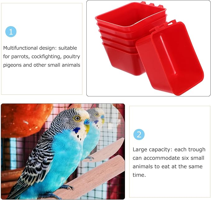 FAVOMOTO 6pcs Hanging Bird Cage Feeding Bowls with Clamp, Small Red Plastic Bird Water and Food Cups for Parrots, Chickens, Rabbits, Poultry, and Indoor Cage Use