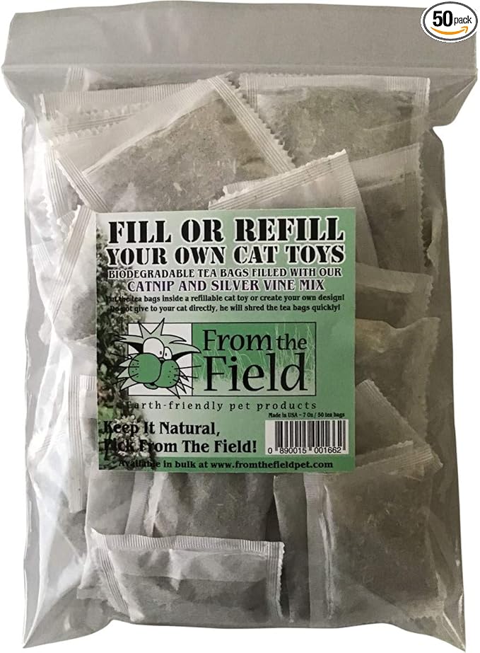 from The Field | Catnip Tea Bags | Ultimate Blend of Catnip & Silver Vine | Biodegradable, Non-GMO, Chemical-Free Refill Packs for Cat Toys | Safe, Potent, Mess-Free | 50 Pack, Made in USA