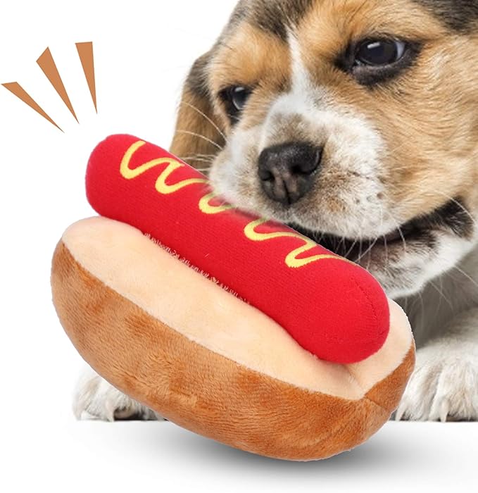 Hot Dog Plush Squeaky Toy for Dogs, Detachable Sausage, Pet Chew Toys for Small Medium Dogs Cats, 5.5 inch
