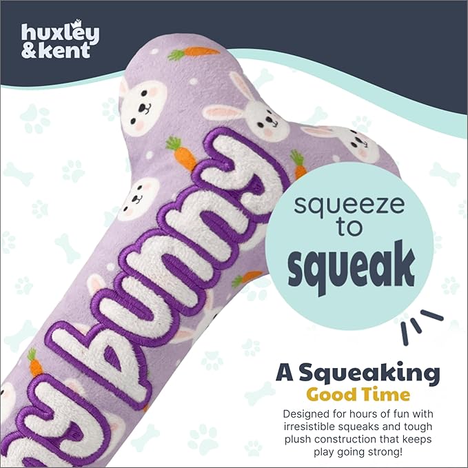 Huxley & Kent Funny Dog Toy w/Squeaker – Power Plush Squeaky Dog Toys for Small, Medium & Large Dogs – Soft Stuffed Animal for Indoor Play & Fetch - Funny Bunny Bone, Small