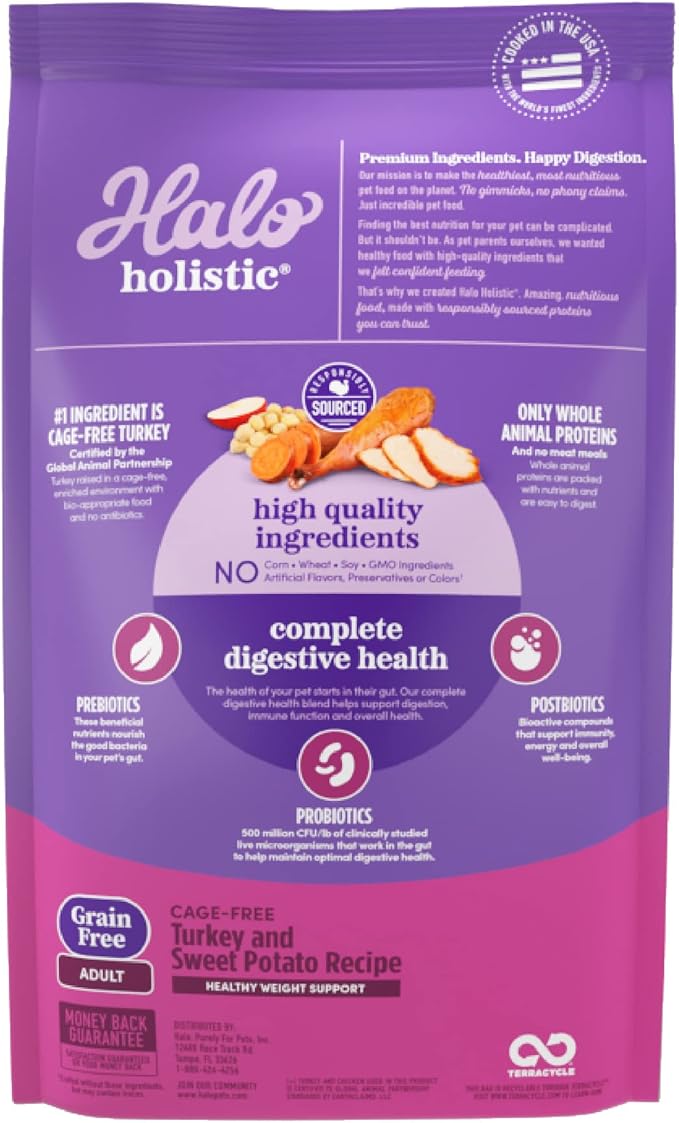 Halo Holistic Dog Food Cage Free Turkey & Sweet Potato Formula, Grain Free Dry Dog Food, For Healthy Weight Support, Kibble for Adult Dogs, 21 lb Bag