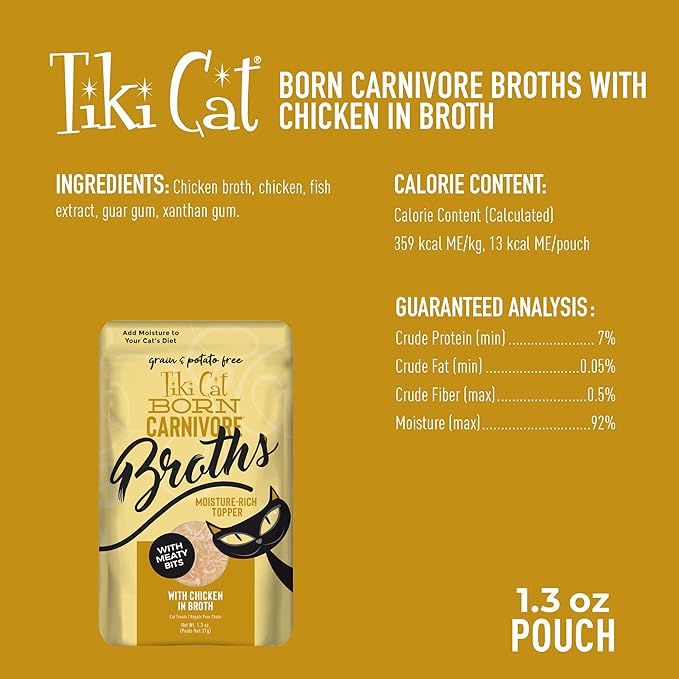 Tiki Cat Born Carnivore Broths Wet Cat Food Topper, Chicken, 1.3 oz. Pouch (12 Count)