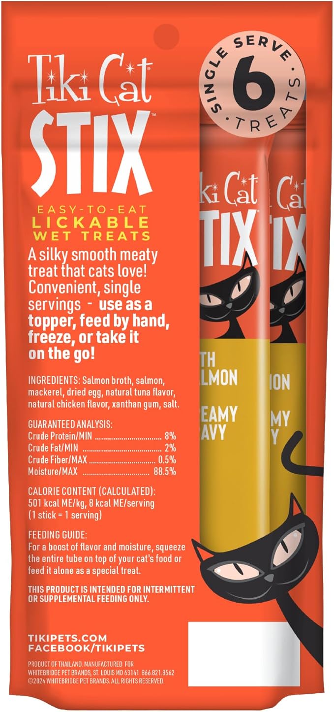 Tiki Cat Stix Mousse Treats, Single Serve Indulgent Lickable Treat or Dry Food Topper, with Salmon in Creamy Gravy, 3 oz. Pouch (Pack of 6)