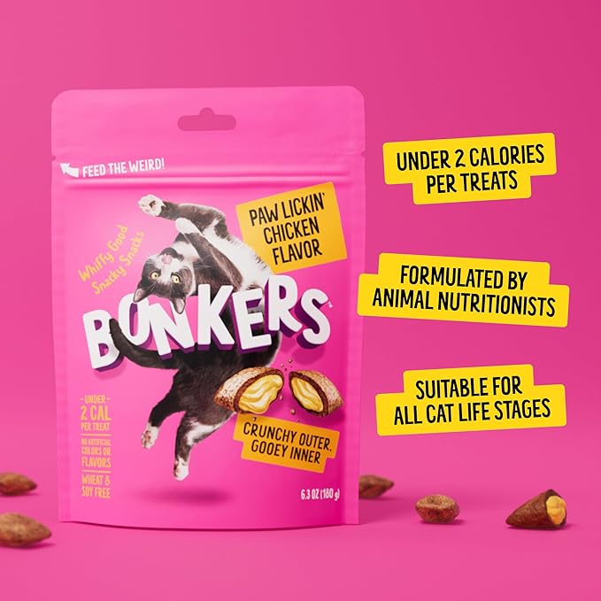 Bonkers Bites Paw Lickin' Chicken Flavor Crunchy & Soft Treats for Cats, 3oz Bag (Pack of 10)