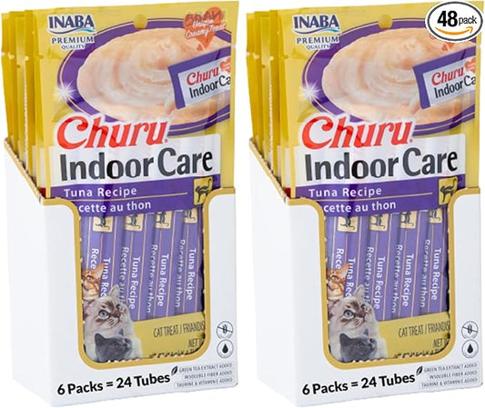 INABA Churu Hairball Control,Functional,Creamy Lickable Purée Cat Treat with Taurine & Vitamin E,0.5 Ounces Each,Tubes (4 per Package),Tuna Recipe - Packaging May Vary*,(Pack of 48)