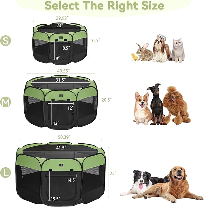 Dog Playpen for Small Dogs & Puppies, 50.39" Portable Indoor Outdoor Puppy Playpen with Bowl, Waterproof Floor, Foldable Pop-Up Pet Pen for Home, Travel & Daily Use, Green+Black