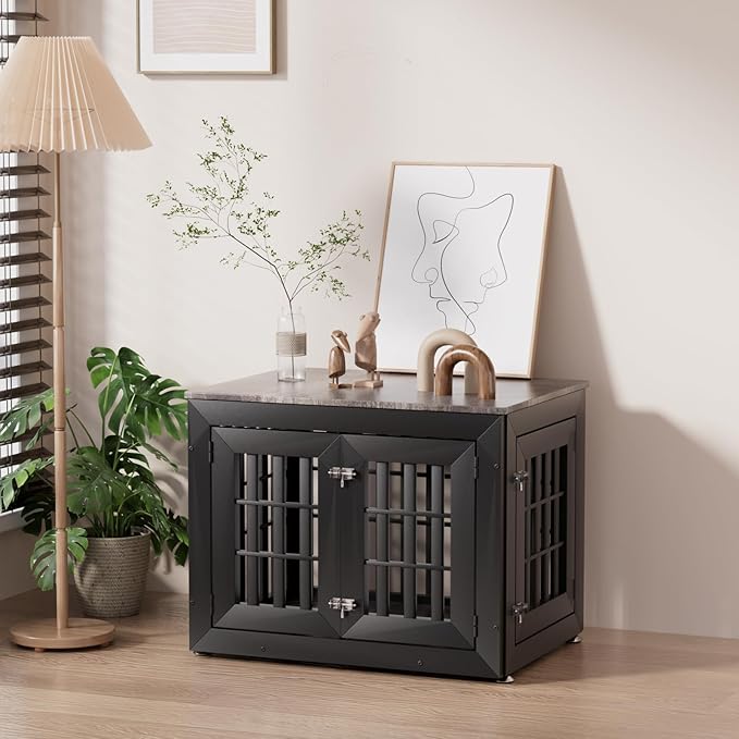 Snuowu 32" Heavy-Duty Dog Crate Furniture for Small/Medium Dogs, Rustic Wooden Dog Cage Kennel Indoor Furniture, Decorative Pet House End Table, Black & Grey