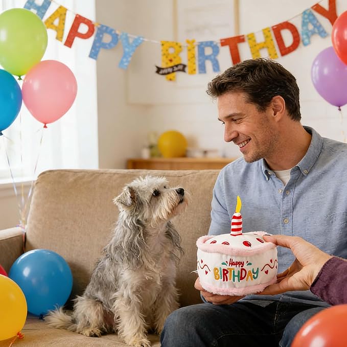 Dog Birthday Toy Pup Cake Puppy Plush Squeak and Crinkle Gift for Small Medium Pet (White)