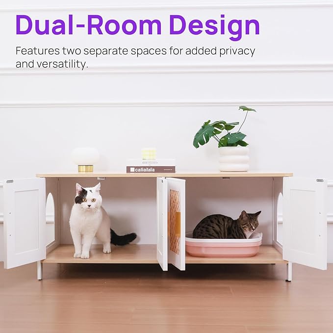 Large Boho Cat Litter Box Enclosure for 2 Cats, Hidden Cat Washroom Furniture with Rattan Doors, Dual Compartment Litter Cabinet & TV Stand, Modern Wooden Cat House (47.2”L x 19.6”W x 19.8”H)