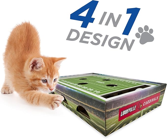 Pets First NCAA Louisville Cardinals Cat Scratcher Box, Game Day Cat Toy, NCAA Football Field Designed Cat Scratcher and Lounge, Stimulating Cat Game