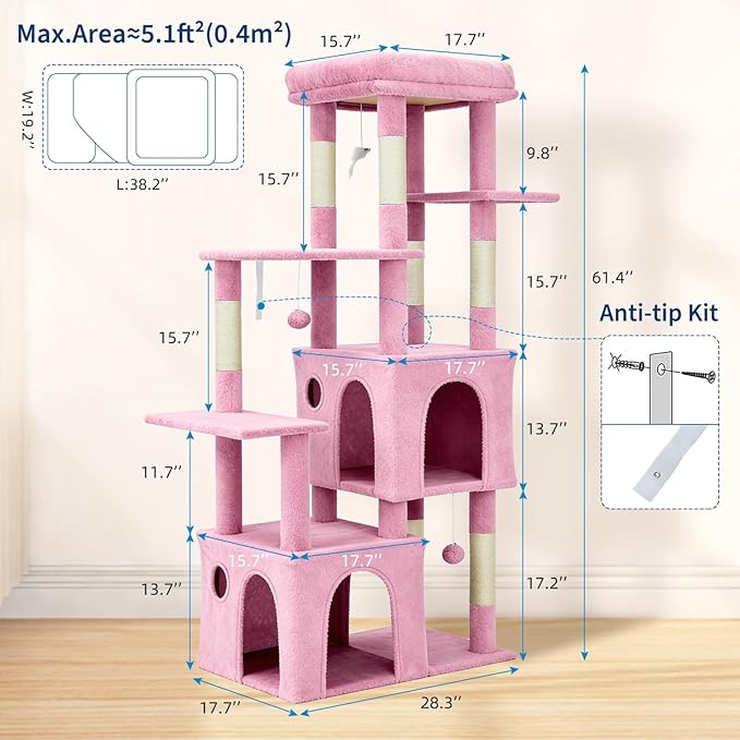 61.4 Inch Cat Tree, Large Cat Tower with Sisal Scratching Posts, 2 Spacious Cat Beds, Hanging Ball & Top Perch, Ideal for Large Indoor Adult Cats, Pink