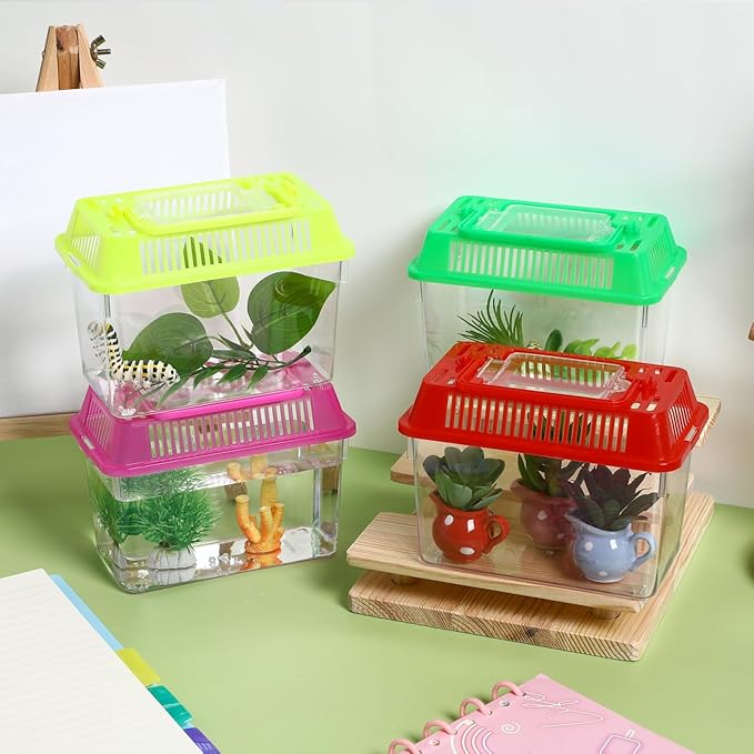 Portable Fish Tank 4-Pack Handheld Aquarium 5.90X4.33X3.74In Transparent Turtle Box Plastic Fish Carrier with Handle for Small Reptiles and Hamsters