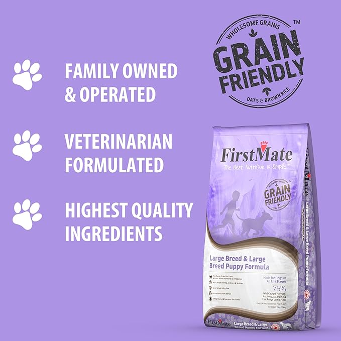 FirstMate Grain Friendly Dog Food Large Breed & Large Breed Puppy Formula – Wild Caught Fish & Grass Fed Lamb, Dry Dog Food for Growth & Joint Support, Pea Free & Potato Free – 25 lb Bag