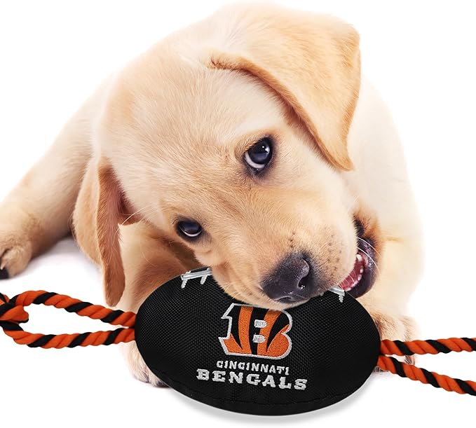 Pets First NFL Cincinnati Bengals Football Dog Toy, Tough Quality Nylon Materials, Strong Pull Ropes, Inner Squeaker, NFL Team Color