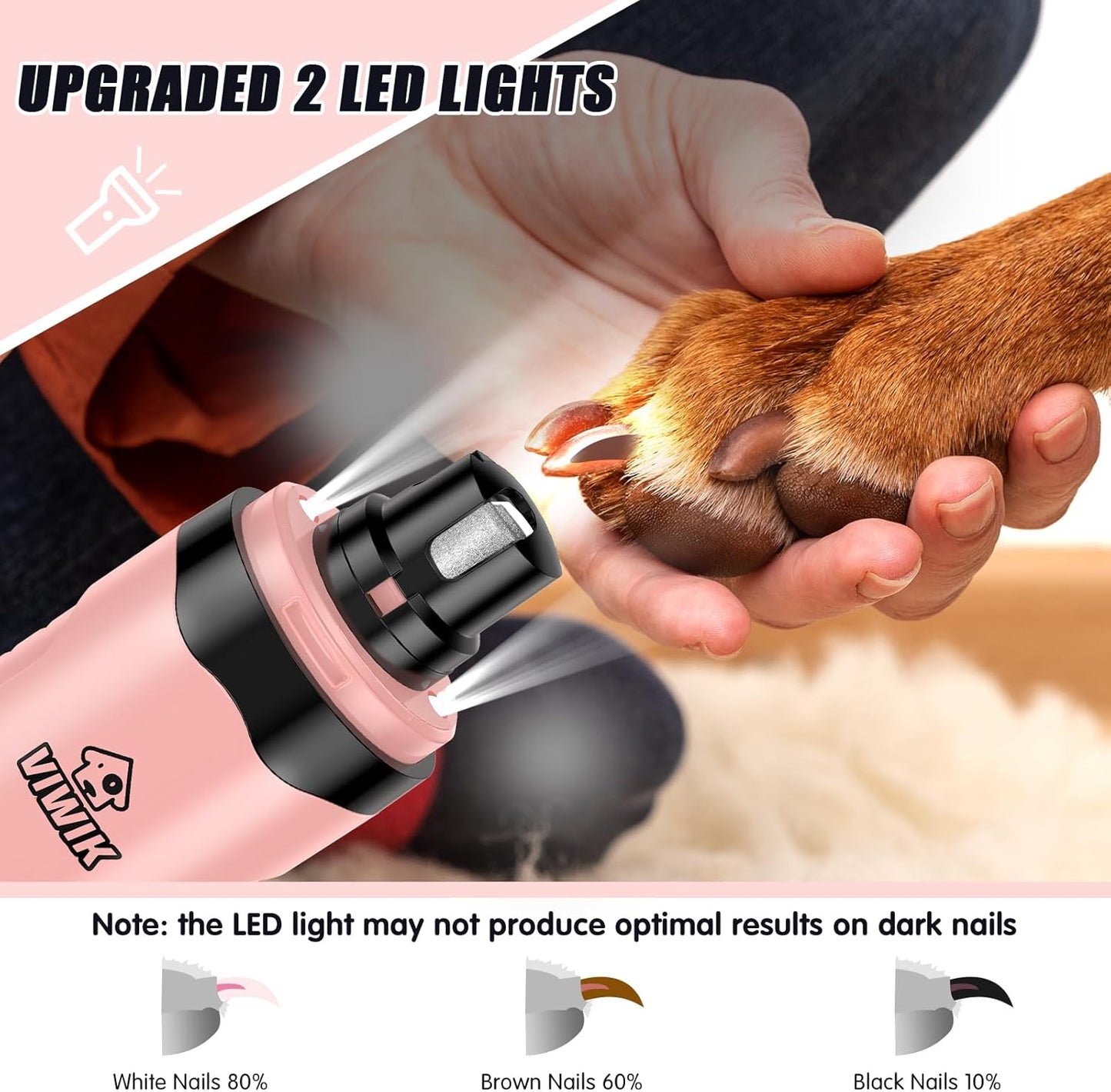 VIWIK Dog Nail Trimmers, Dog Nail Grinder with 2 LED Lights, Pet Nail Clippers Kit for Large Medium Small Dogs & Cats, 2-Speed Super Quiet Electric USB Rechargeable Pet Paws Grooming Tool Pink