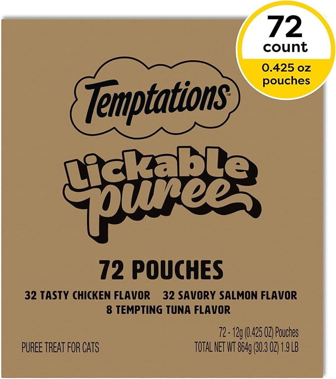 Temptations Creamy Puree Squeezable Lickable Wet Cat Treat Variety Pack, 0.42 oz. Tubes, 72 Count