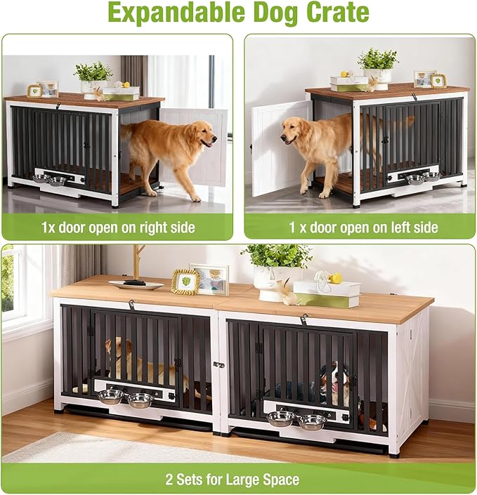 GUTINNEEN Expandable Foldable Dog Crate Furniture with 360° Rotating Bowls, Large Solid Wood Dog Crate End Table, Chew-Resistant Frame, Connectable Design for Larger Space, 39.4" L (Right Crate)