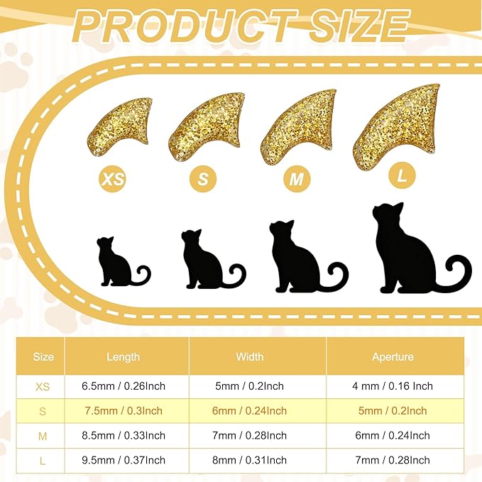 Cat Nail Caps, Cat Claw Covers with Adhesive Glue and Applicators, Kitten Claw Caps Soft Paws, (40 Pcs, S, Crystal Gold), Intended for Pet Tips/Nail Covers/Control Paws