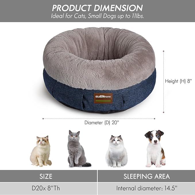 ClevaHome Calming Soft Plush Donut Cat Bed, Fluffy Round Cat Bed for Indoor Cats, Washable Kitten Bed with Plush Faux Fur, Anti-Slip Bottom, Denim Grey