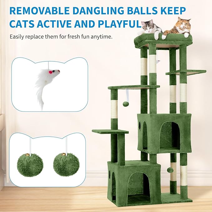 GarveeLife 61" Multi-Level Cat Tree for Indoor Cats, Heavy-Duty Tower for Large Adult & Maine Coon Cats with Oversized Perch, Dual Condos, Natural Sisal Scratching Posts & Play Toys – Green