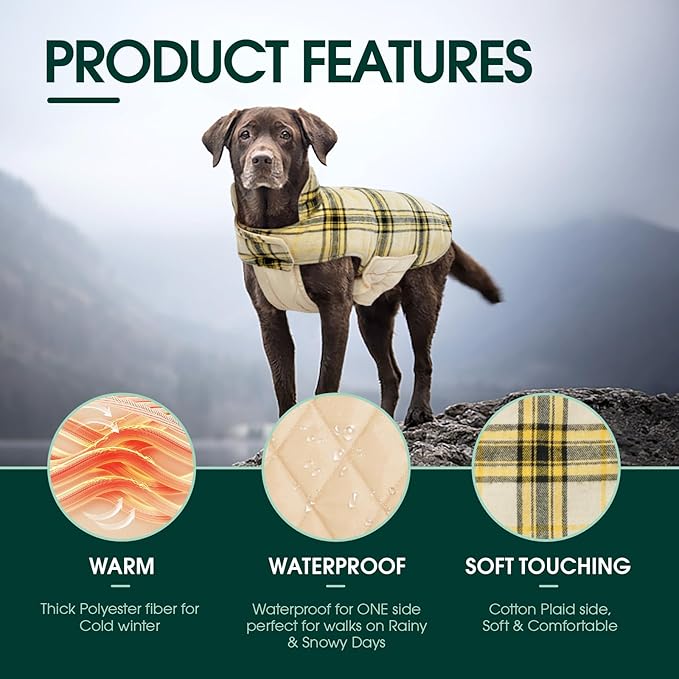 Kuoser Warm Dog Coat, Waterproof Dog Jacket for Extra Large Dogs, Adjustable Durable XXXL Doggie Winter Coat Reversible Puppy Cold Weather Apparel for Large Breed, Yellow 3XL