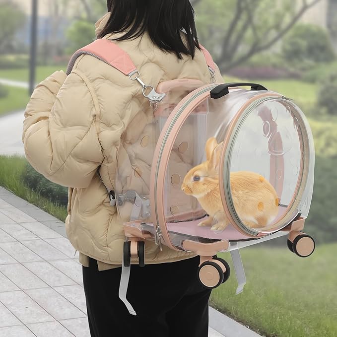 Cat Carrier with Wheels Transparent Hard Cat Carrier with Soft Mat Pet Trolley Case Pet Backpack for Cats Small Dog, 15.7" X 10.6" X 17.7" (Pink)