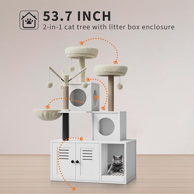 Multi-Level Wooden Cat Tree Tower with Hidden Litter Box Enclosure & Condo, Sisal Scratching Posts, Soft Perch & Toys, Modern Cat Furniture for Indoor Cats, White Box & White Trees