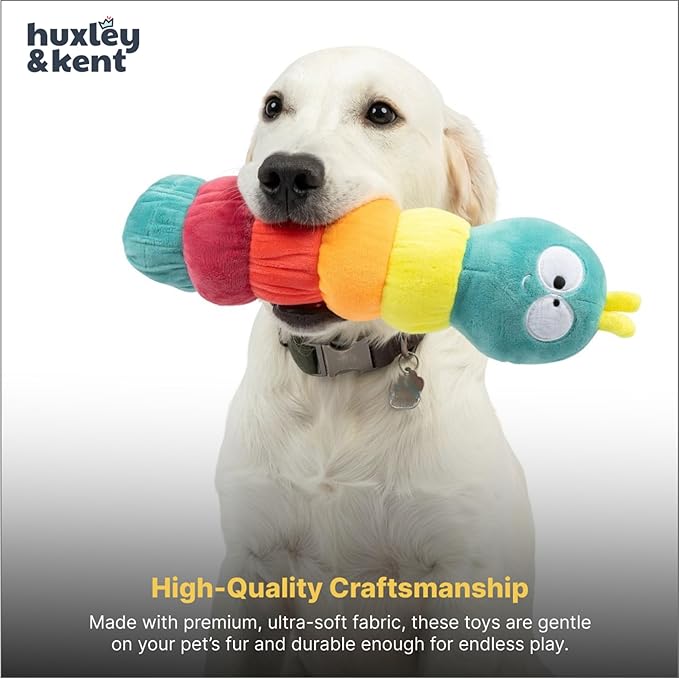 Huxley & Kent Funny Dog Toy w/Squeaker – Power Plush Squeaky Dog Toys for Small, Medium & Large Dogs – Soft Stuffed Animal for Indoor Play & Fetch - Fetchies® Caterpillar, Small