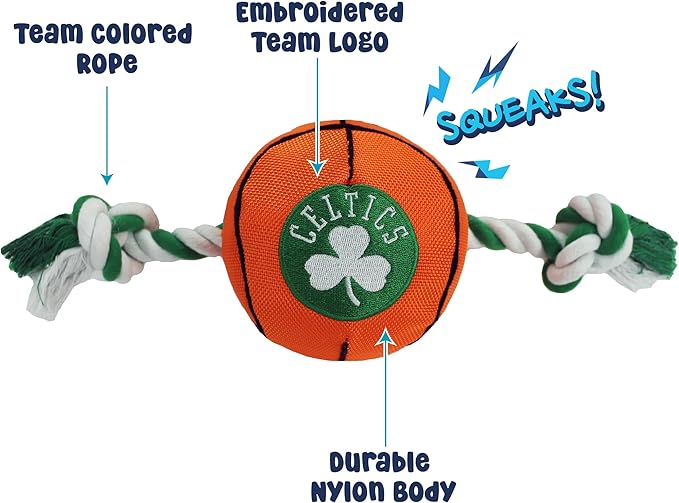 NBA BOSTON CELTICS Basketball Toy. - Tough Nylon Pet Toy with Tug Ropes & inner Squeaker