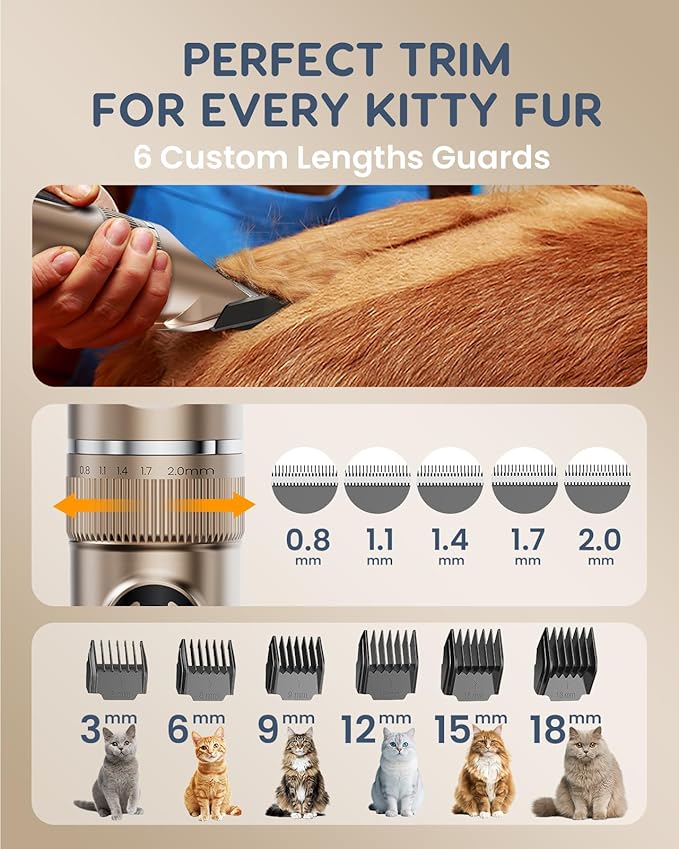 Cat Clippers for Matted Long Hair, Quiet Cat Grooming Kit 2-Speed Cordless Rechargeable Shaver Hair Trimmer, Pet Clippers for Small & Large Dogs & Animals (Gold)