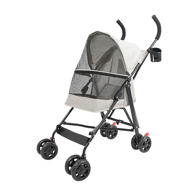 4-Wheel Pet Travel Stroller, Foldable & Lightweight Dog Cat Cage Jogger Stroller, Breathable and Visible Mesh for Small & Medium Dogs & Cats (Up to 22lbs) (White)