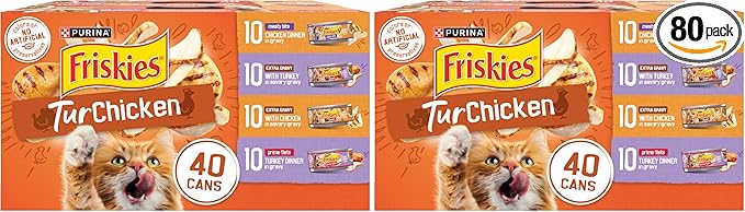 Purina Friskies Wet Cat Food Gravy Variety Pack, TurChicken Extra Gravy Chunky, Meaty Bits and Prime Filets - 5.5 oz. Cans (Pack of 80)
