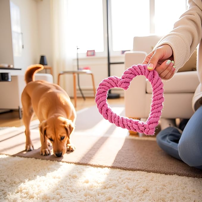 Pink Cute Dog/Cat Chew Toys, Dog Toys for Chewers, Heavy Duty Dental Dog Rope Toy for Dogs, Creative Love Heart Shaped Interactive Rope Dog Toys, Cotton Puppy Teething Chew Tug Toy Dark Pet Supplies