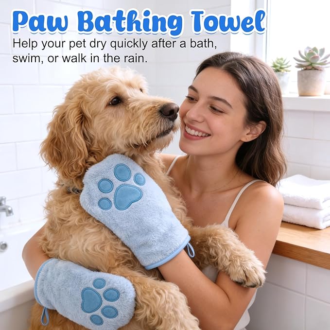 Paw Bathing Towel for Cats Puppy, Reusable Absorbent Quick-Dry Pet Grooming Towel, Soft Bath Mitt for Dirt Odor Removal, Daily Care and Travel, for Dogs & Cats (Blue)