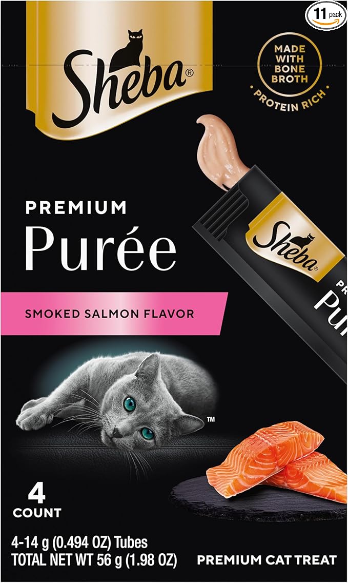 Sheba Premium Puree Cat Treats Lickable Smoked Salmon Flavor, 0.49 oz. Tubes, 4 Count (Pack of 11) – Total 44 Count