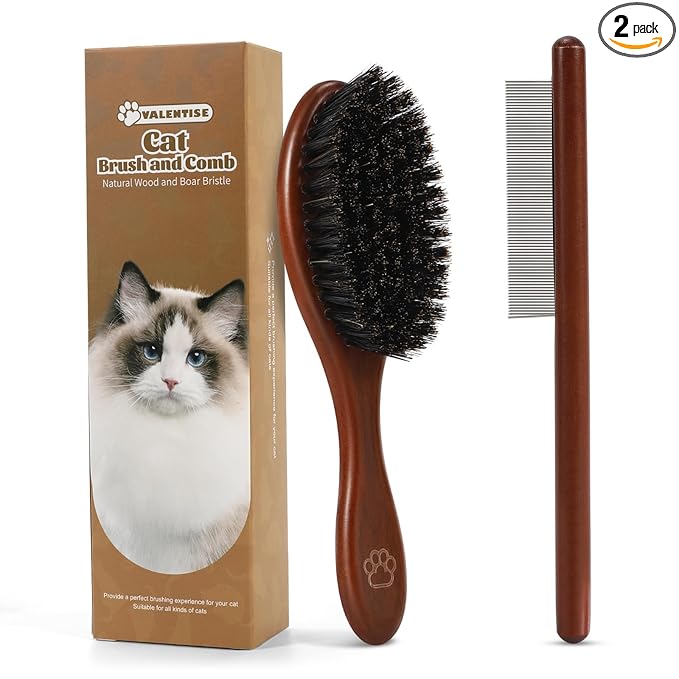 Wooden Cat Brush and Comb, Cat Hair Brush with Nautral Boar Bristle for Reduce Shedding and Keep Healty Shine, Daily Pet Grooming Tool for Dogs & Cats