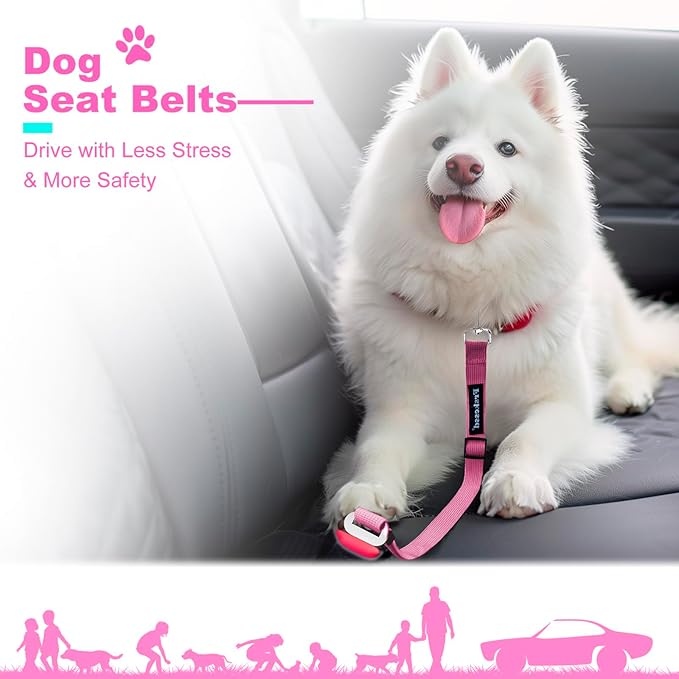 2 PCS Dog Seat Belt for Car Frskcssd Adjustable Dog Car Harness Heavy Duty Nylon Dogs Safety Seat Belt (Black+Pink)