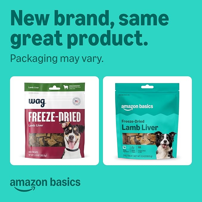 Amazon Basics Freeze-Dried Raw Single Ingredient Dog Treats, Lamb Liver, High Protein, Healthy Training Treats or Meal Topper for All Dogs, Grain-Free, 3.3oz (Previously Wag) (Pack of 2)