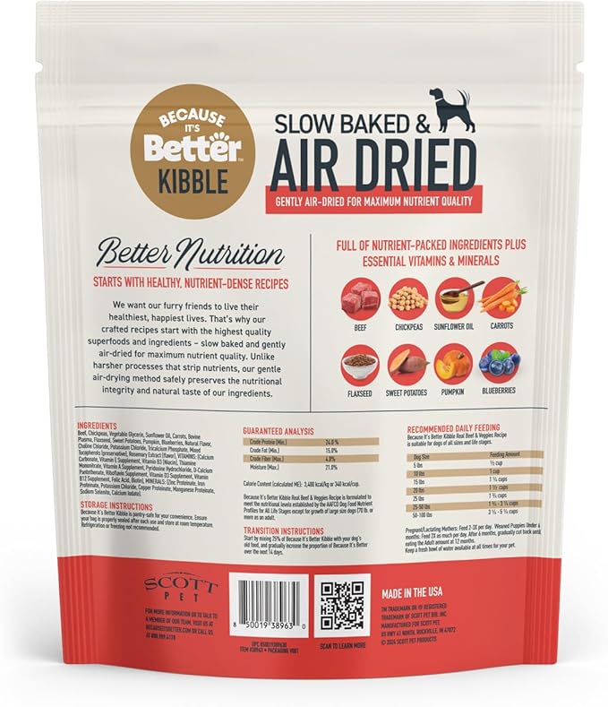 Because It’s Better Slow Baked & Air Dried Dog Food - Real Beef & Veggies - Complete & Balanced Dry Dog Food - Grain Free, High Protein, Natural Nutrition for All Life Stages, 3 lb Bag
