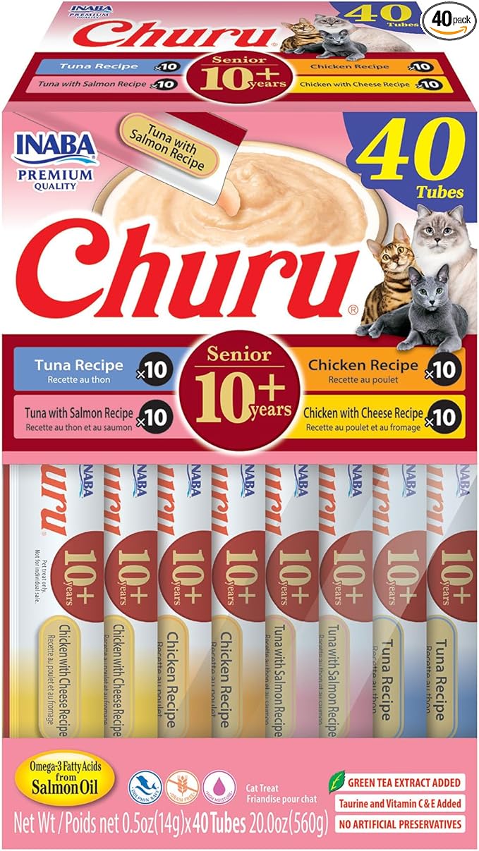 INABA Churu for Senior 10+, Creamy Lickable Cat Treats with Taurine, Vitamin E & C, 0.5 Ounces Each, 40 Tubes, Tuna & Chicken Variety