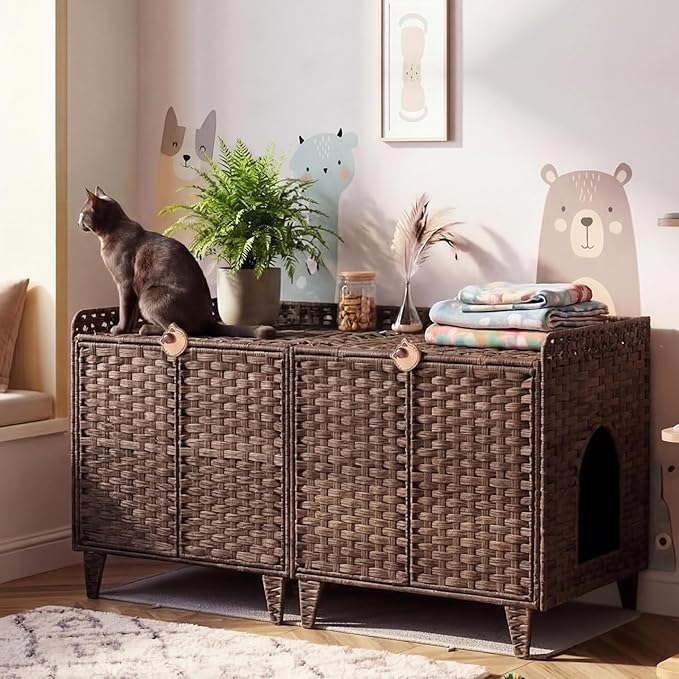 GarveeLife Cat Litter Box Enclosure Furniture, Handwoven Rattan Cat House, Hidden Cat Washroom Furniture with Door/Mat, Large Space Cat House with s-Shaped Hooks, Living Room, Bedroom
