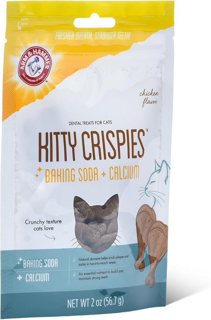 Arm & Hammer Kitty Crispies Dental Cat Treats, Baking Soda & Calcium Formula, Fights Bad Breath, Plaque & Tartar Without Brushing, Highly Digestible, Chicken Flavor, Adult Cats, 2 Oz