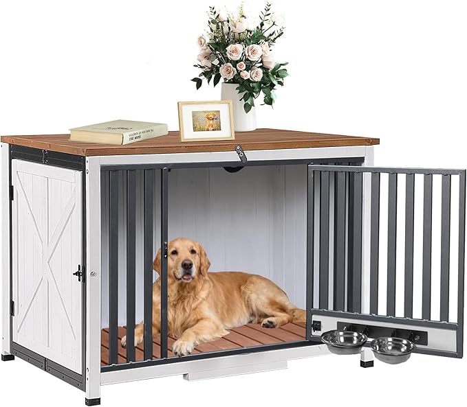 GUTINNEEN Expandable Foldable Dog Crate Furniture with 360° Rotating Bowls, Large Solid Wood Dog Crate End Table, Chew-Resistant Frame, Connectable Design for Larger Space, 39.4" L (Right Crate)