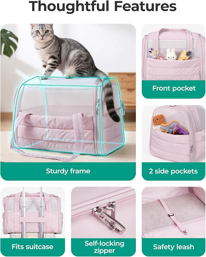 BAGSMART Cat Carrier: Soft-Sided Pet Carrier for Small Medium Cats Dogs Puppy Quilted Collapsible Puffy Travel Bag Up to 20 Lbs Black