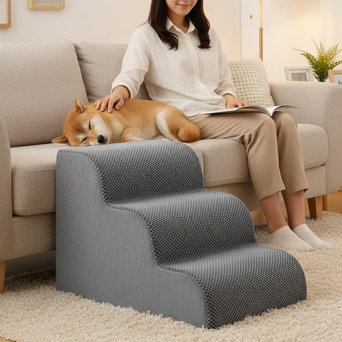 NEWBULIG 3-Step Dog Stairs, 15.7" H Dog Steps for Sofa and Chair, Non-Slip Sturdy Pet Steps for Small Dogs and Cats, Pet Ramp for High Bed Indoor(Grey)