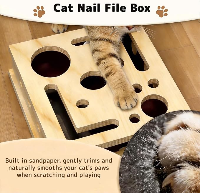 Cat Nail File Enrichment Box with Sandpaper 3 Balls, Multilayer Solid Wood Cat Scratch Puzzle Box Nail File, Interactive Cat Puzzle Toy for Indoor Cats, Alternative to Nail Clippers