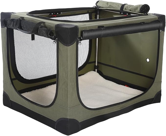 42 x 31 x 31 Inch Collapsible Soft Dog Crate for Dogs Up to 90 lbs, Portable Travel Pet Kennel with 4 Zip Doors, Foldable Indoor Outdoor Crate with Mat, Carry Bag, Green