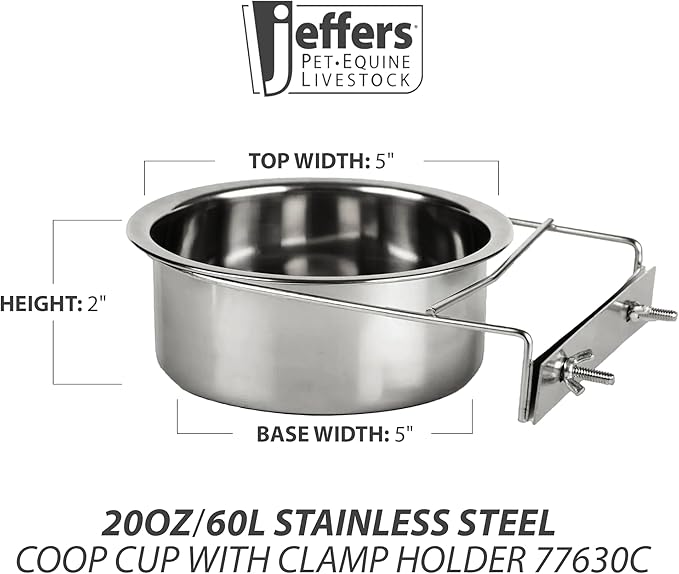 Jeffers Pet Stainless Steel Coop Kennel Cup with Screw On Clamp, 20 Oz – Durable, Rust Resistant Hangable Water & Food Feeder for Kennels, Coops & Cages - Chickens, Duck, Rabbits, Small Animals
